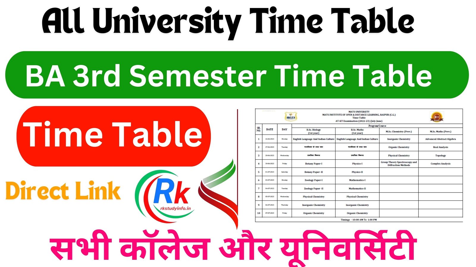 BA 3rd Semester Time Table